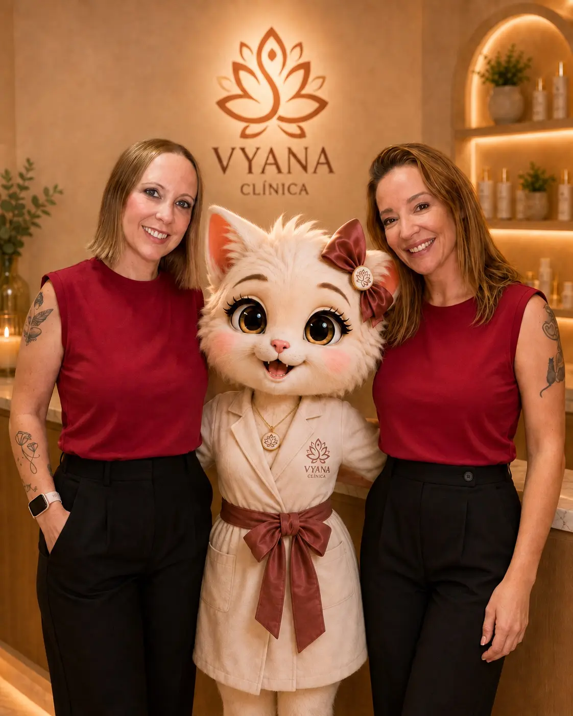 El equipo de Clínica Vyana junto a Vy, su embajadora virtual, en la recepción